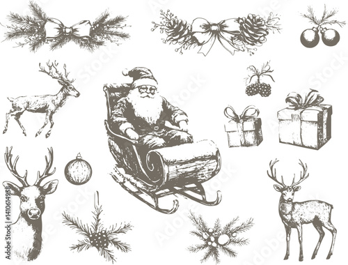 set of vintage rubber stamps of Christmas ornaments and Santa Claus
