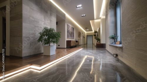 Modern hallway with light strip running along floor edge 