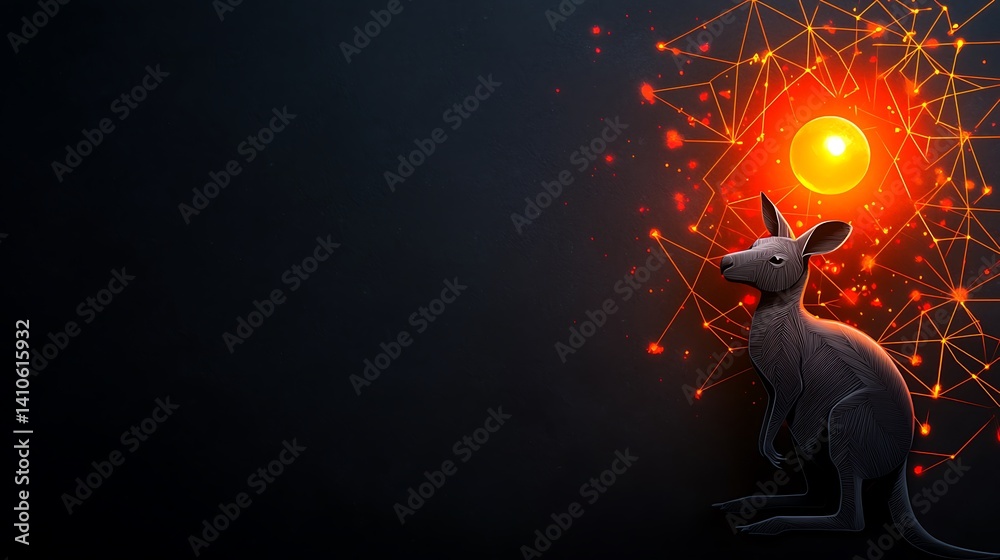 Fototapeta premium A stylized kangaroo against a dark background with geometric patterns and a glowing sun