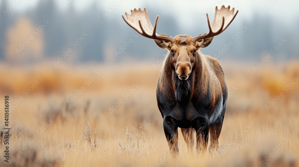 Fototapeta premium An impressive moose stands confidently in a serene wilderness setting, capturing the essence of untamed nature, with a backdrop of gentle autumn tones and soft foliage.