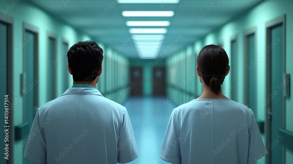 Bright Hospital Corridor Filled with Doctors in Scrubs Facing Away from the Camera Bright Hospital Corridor Filled with Doctors in Scrubs Facing Away from the Camera