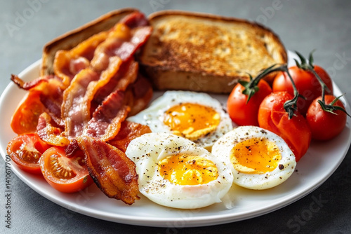 English breakfast with fried eggs, fried bacon, toast and tomatoes on a white plate photo