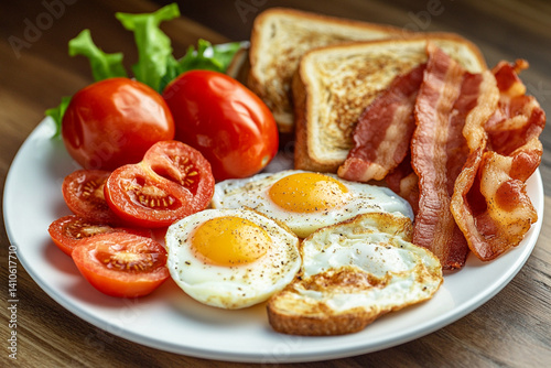 English breakfast with fried eggs, fried bacon, toast and tomatoes on a white plate photo