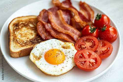 English breakfast with fried eggs, fried bacon, toast and tomatoes on a white plate photo