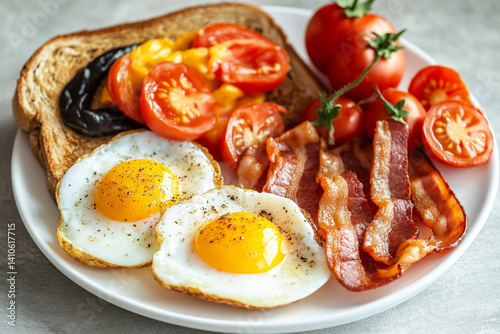 English breakfast with fried eggs, fried bacon, toast and tomatoes on a white plate photo
