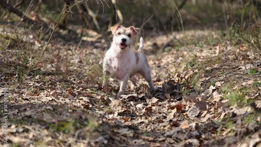 Wirehaired Jack Russell Terrier in a spring forest. Dog in a park against the backdrop of old trees. Pet walking in nature. Backlit daylight Wirehaired Jack Russell Terrier in a spring forest. Dog in a park against the backdrop of old trees. Pet walking in nature. Backlit daylight