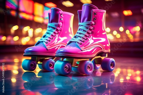 Retro roller skates with pink laces on a reflective floor, surrounded by colorful light streaks