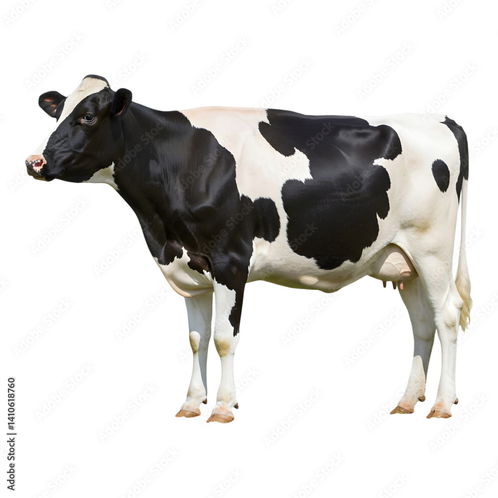 Black and white dairy cow standing calmly on a clean white background Black and white dairy cow standing calmly on a clean white background