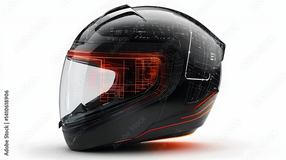 Fototapeta premium Smart Motorcycle Helmet: A sleek, black motorcycle helmet with integrated technology, featuring a futuristic design and subtle orange accents. The helmet's visor is clear.