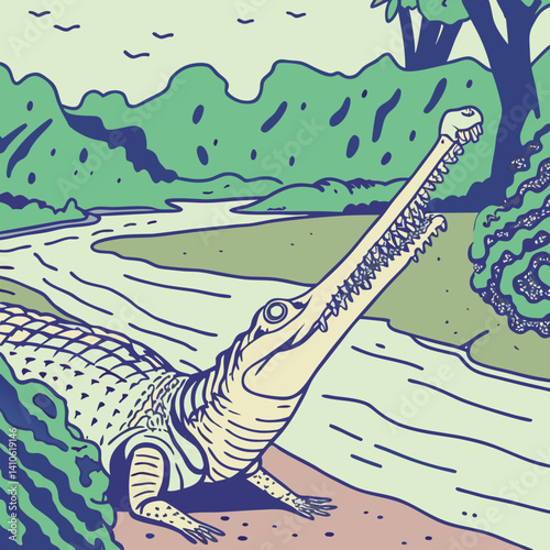 Vector illustration of a Gharial, the long-snouted crocodile native to Indian rivers, perfect for wildlife, nature, and reptile-themed digital projects.
