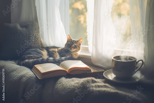 A cozy window seat with soft cushions, open book, a steaming cup of tea and a cat