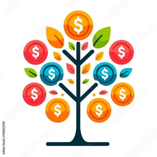 Colorful money tree icon on transparent background for savings, wealth building, and passive income
