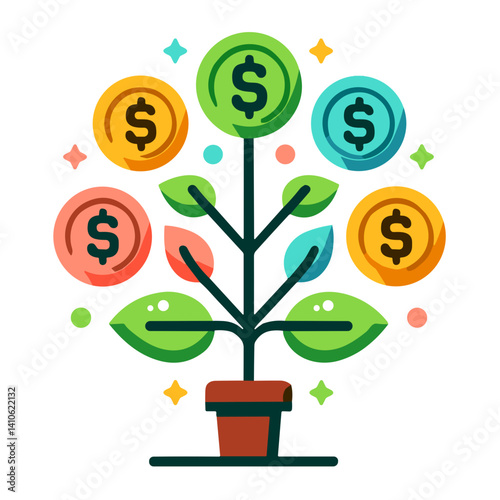Colorful money tree icon representing financial growth and investment concepts on transparent background
