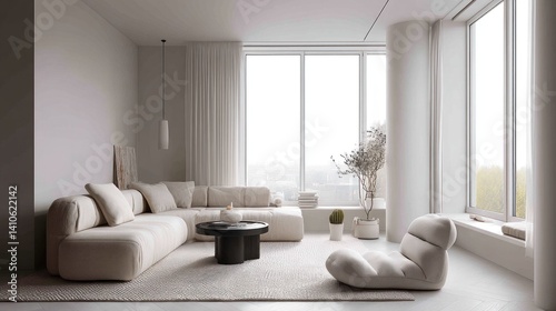 Modern interior with layered textures in a single color tone 