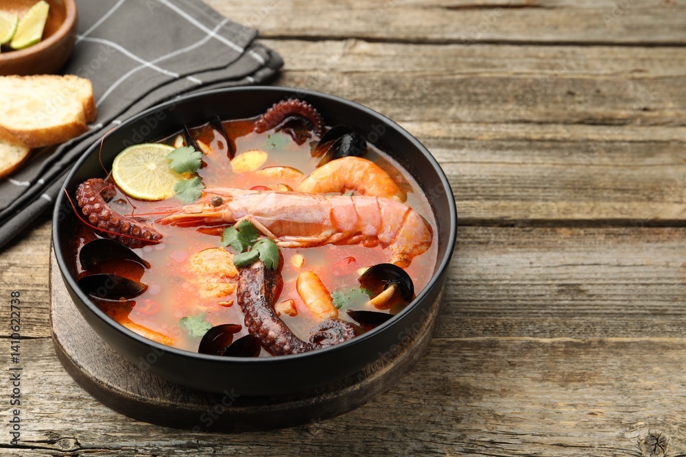 Delicious seafood soup in bowl on wooden table, closeup. Space for text Delicious seafood soup in bowl on wooden table, closeup. Space for text