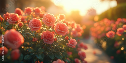 Fototapeta Naklejka Na Ścianę i Meble -  Beautiful pink roses blooming in a sunlit garden during early evening hours with soft light illuminating the petals
