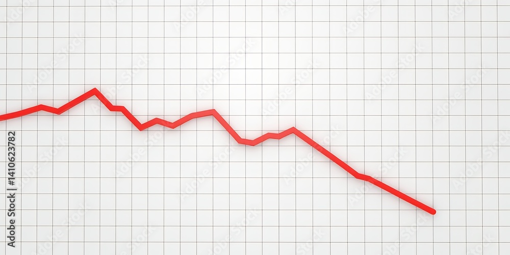 A red line graph showing a downward trend on a white grid background indicating decline or loss A red line graph showing a downward trend on a white grid background indicating decline or loss