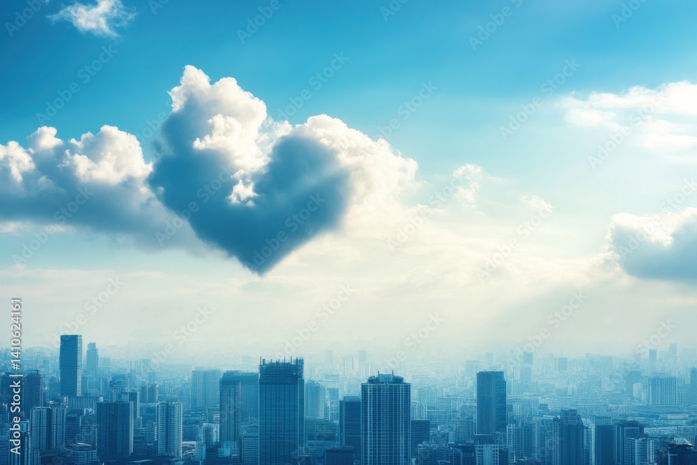 A heart-shaped cloud formation above a modern city skyline, Romantic scene, Natural style A heart-shaped cloud formation above a modern city skyline, Romantic scene, Natural style