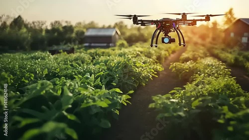 Drone surveying agricultural field at sunset
