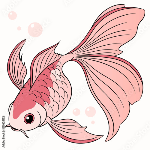 Giant pink black eye Oranda goldfish vector illustration featuring soft pink hues and striking black eyes, perfect for aquatic-themed designs and digital artwork.