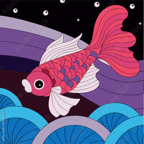 Giant pink black eye Oranda goldfish vector illustration featuring soft pink hues and striking black eyes, perfect for aquatic-themed designs and digital artwork.
