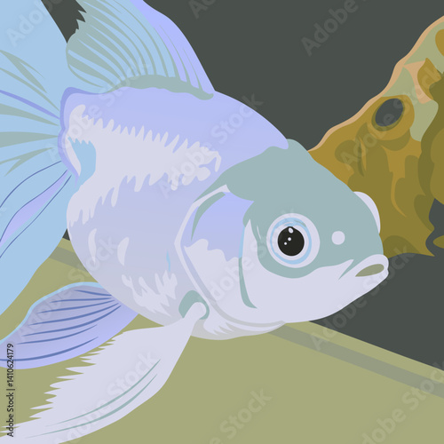 Giant pink black eye Oranda goldfish vector illustration featuring soft pink hues and striking black eyes, perfect for aquatic-themed designs and digital artwork.