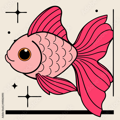 Giant pink black eye Oranda goldfish vector illustration featuring soft pink hues and striking black eyes, perfect for aquatic-themed designs and digital artwork.