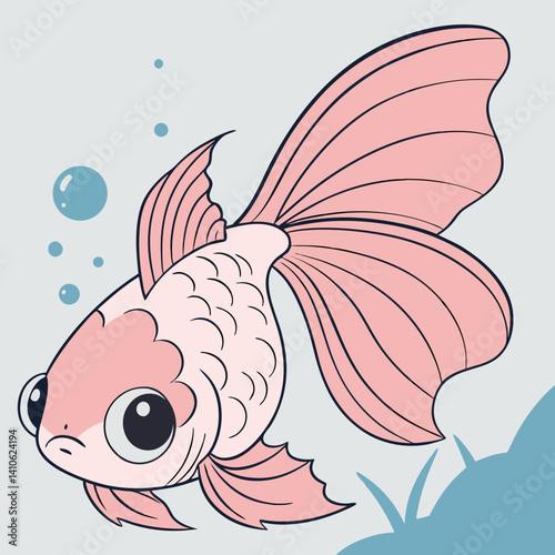 Giant pink black eye Oranda goldfish vector illustration featuring soft pink hues and striking black eyes, perfect for aquatic-themed designs and digital artwork.