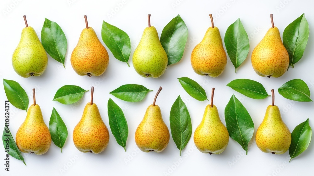 Fresh pears and leaves arranged on a white background Fresh pears and leaves arranged on a white background