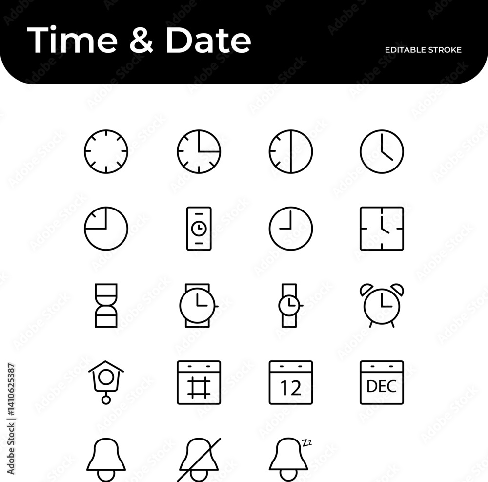 Time & Date Edition. Time tracking, Digital time devices, Calendars, Alarms, Time flow, Notification. Scalable vector format for web, mobile, and print
Editable and fully customizable.