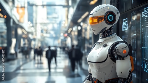 Wallpaper Mural Futuristic Android Contemplation: An advanced android stands within a modern cityscape, a symbol of artificial intelligence and technological advancement. Torontodigital.ca