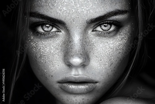 Close-up grayscale woman's face