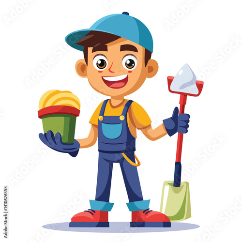 Child with cleaning tools