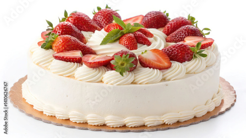 Classic round strawberry cake with white cream and fresh fruit garnish, HD, clean background
