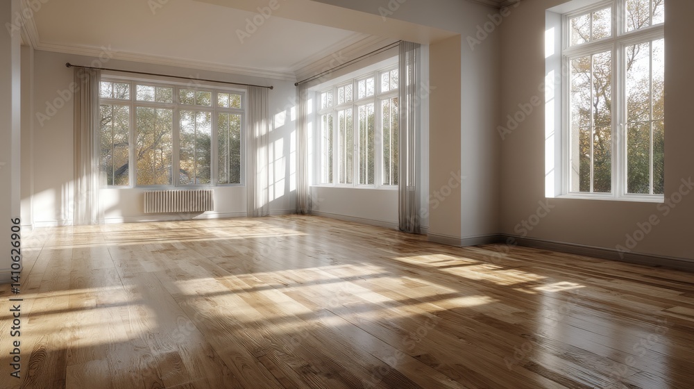 Sunlight streams through large windows into a bright, airy room with hardwood floors and sheer curtains. The warm, inviting atmosphere is perfect for relaxation or entertaining. Sunlight streams through large windows into a bright, airy room with hardwood floors and sheer curtains. The warm, inviting atmosphere is perfect for relaxation or entertaining.