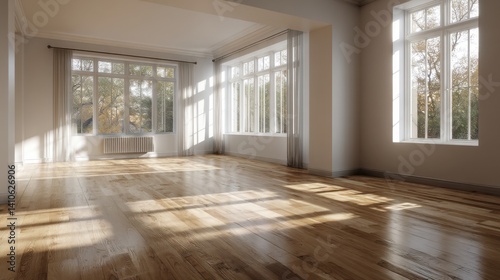 Sunlight streams through large windows into a bright, airy room with hardwood floors and sheer curtains. The warm, inviting atmosphere is perfect for relaxation or entertaining.