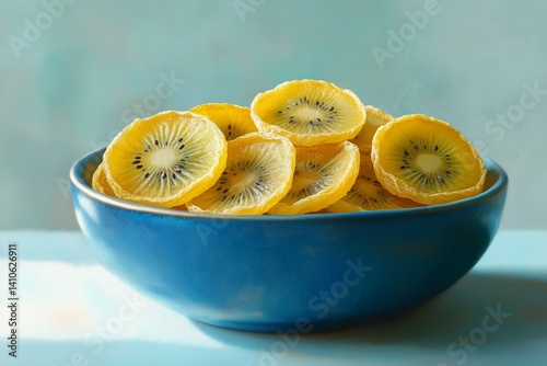 Thin dried slices of yellow kiwi in a blue bowl