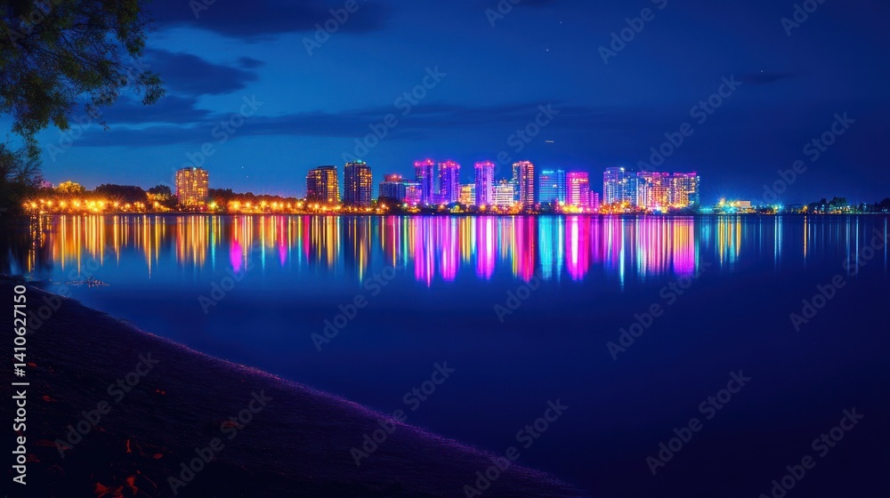 Fototapeta premium Colorful illuminated city skyline reflected in the calm water at night