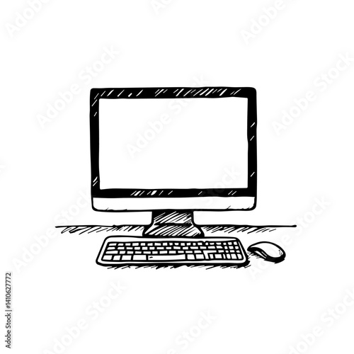 Computer monitor and keyboard sketch in black and white  