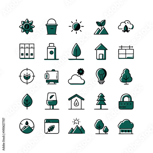 set of  minimalist line icons in a grid  eco 