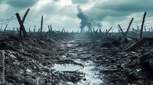 Somber no man's land filled with barbed wire, craters, and debris during wartime conflict