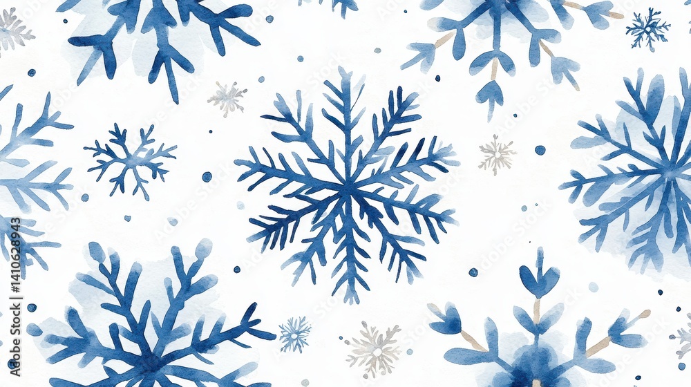 Fototapeta premium Blue watercolor snowflakes pattern on white background