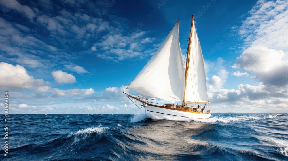 Obraz premium A majestic sailing yacht navigates the open ocean, cutting through the waves under a vivid sky, evoking a sense of adventure and freedom on the vast sea.