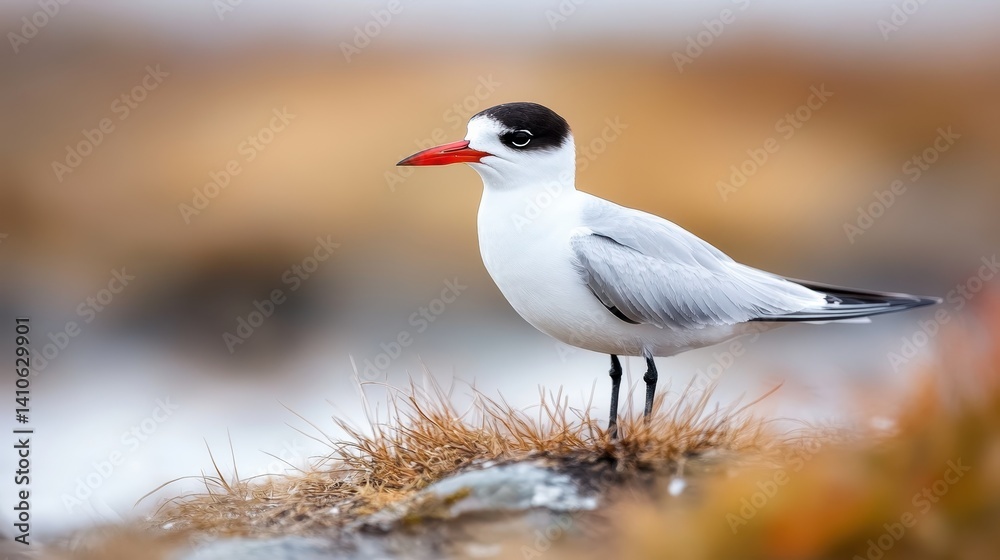 Obraz premium An elegant seabird elegantly standing on a grassy surface, captured in soft light, exemplifying the beauty of nature and wildlife in serene outdoor surroundings.