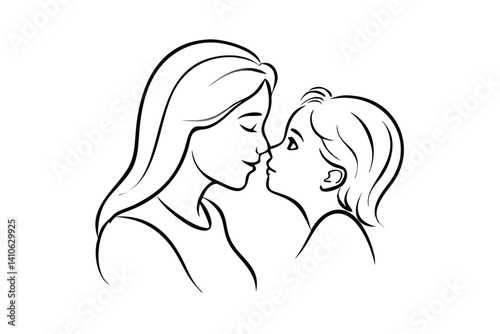 Minimalist Line Art Of Loving Mother And Child Touching Noses In Tender Embrace Demonstrating Parenthood Affection And Family Bond On White Background
