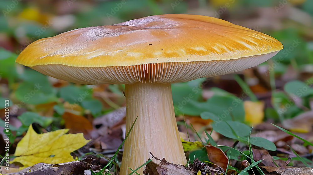Fototapeta premium Large Orange Mushroom On Forest Floor Autumn Leaves