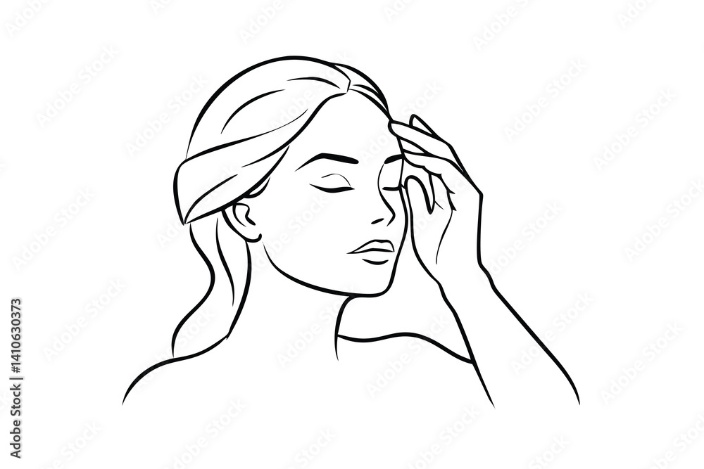 Minimalist Line Art Illustration Of A Woman Touching Her Forehead Embodying Concepts Of Skincare Relaxation And Wellbeing In Black And White Minimalist Line Art Illustration Of A Woman Touching Her Forehead Embodying Concepts Of Skincare Relaxation And Wellbeing In Black And White