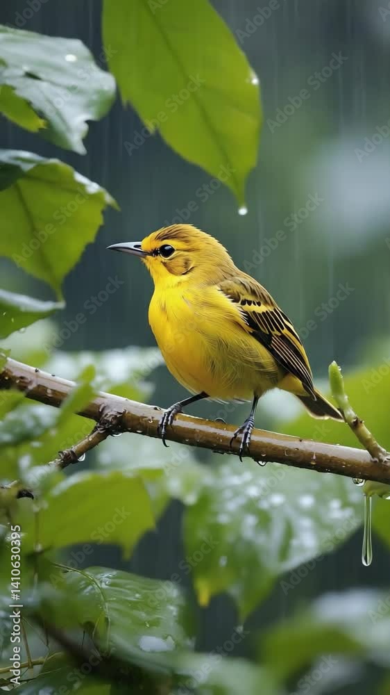 Vibrant yellow bird perched on a branch during a gentle rain, amidst lush green leaves and a serene, blurred background Vibrant yellow bird perched on a branch during a gentle rain, amidst lush green leaves and a serene, blurred background