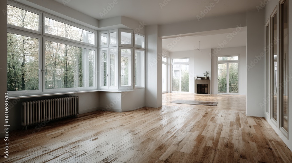 Obraz premium Empty, bright living room with hardwood floors and large windows offering views of lush greenery. Natural light fills the space, creating a calm and airy atmosphere.