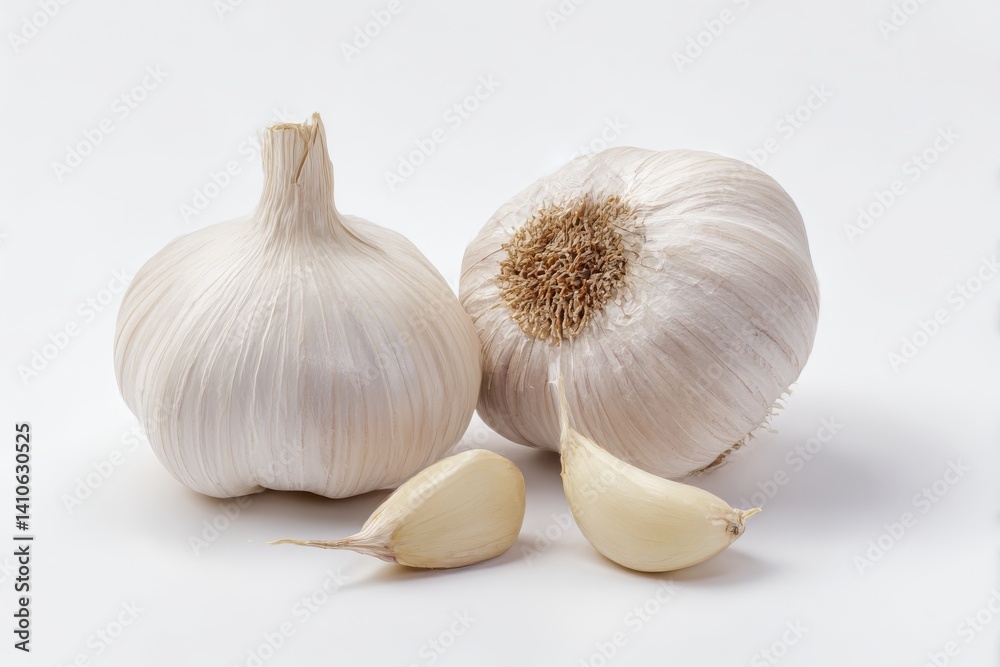 Two garlic bulbs and cloves isolated on white background Two garlic bulbs and cloves isolated on white background